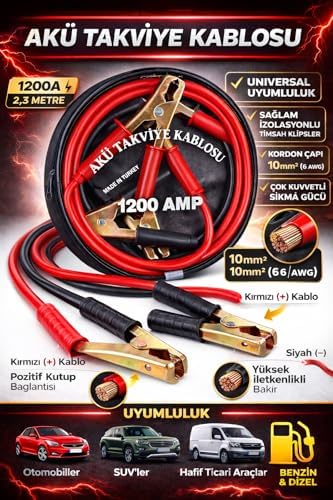 Akü Takviye Kablosu,1200 Amper, 2,3 Metre Uzunluk, Profesyonel Heavy Duty, Güçlü Timsah Kıskaçlı, Bakır İletken, Made in Turkey