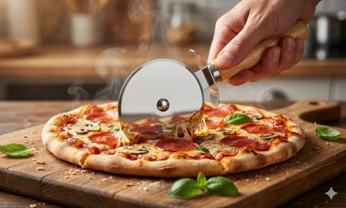 Alternative view of Profesyonel Ahşap Saplı Pizza ve Hamur Kesici - 9 cm Paslanmaz Çelik Rulet Bıçak - Klasik Tasarım (24 cm)