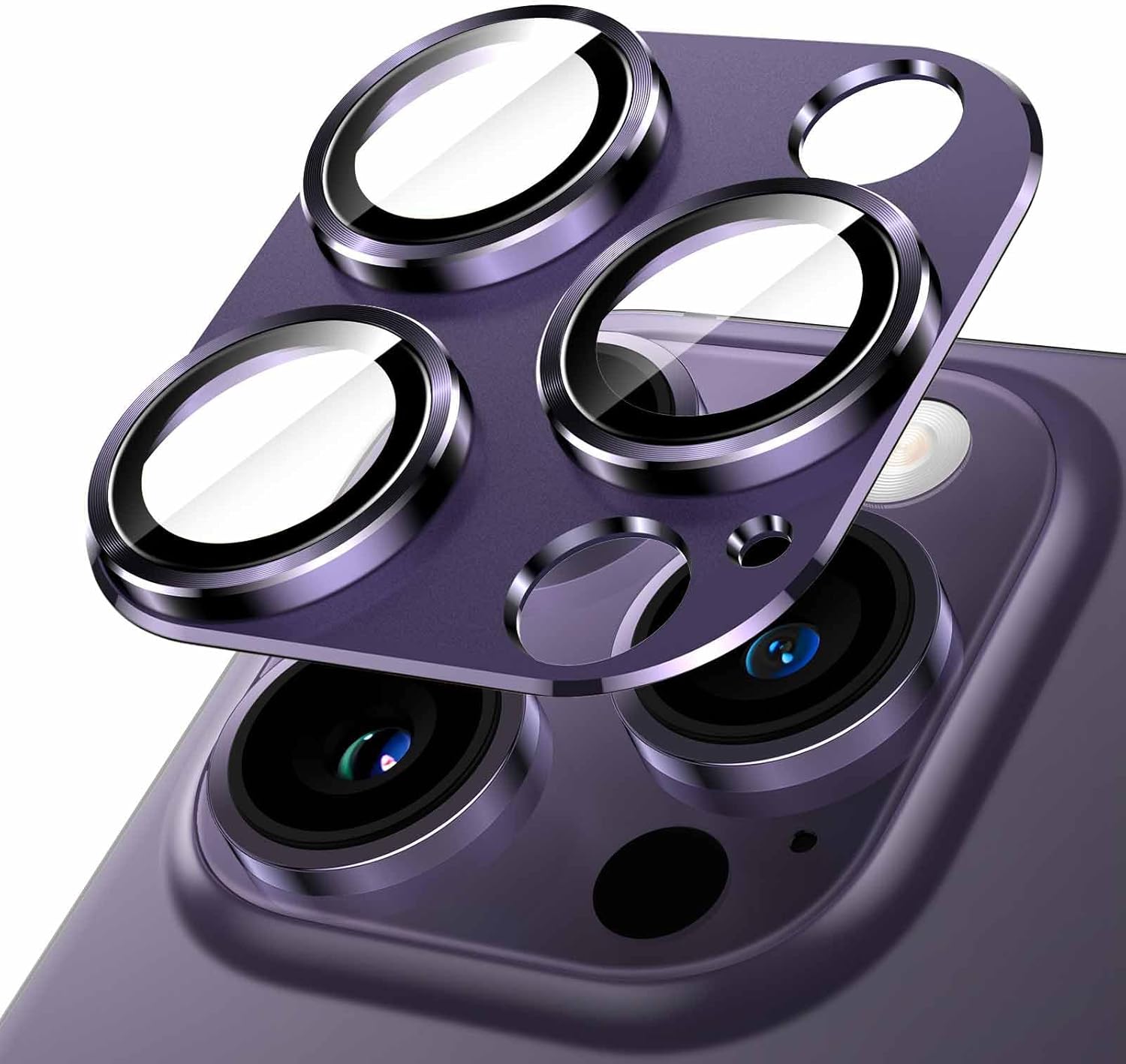 Alternative view of 14 Pro / 14 Pro Max ile Uyumlu Tek Parça Alüminyum Kamera Lens Koruyucu - Darbeye Dayanıklı, Güçlü Yapışkanlı, Kılıf Dostu Metal Temperli Cam Kamera Kapağı - Derin Mor