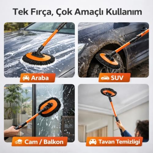 100CM Uzayabilen Teleskopik Saplı Kuru Islak Araç Temizleme Fırçası, İz ve Çizik Bırkaz Fırça, Yedek Bezli