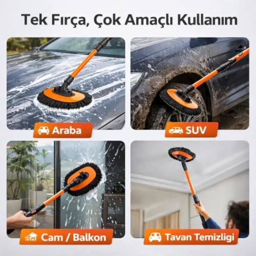 Ayarlanabilir Teleskopik Mikrofiber Araç Yıkama Fırçası+Yedek Bez Kuru Islak Oto Yıkama Fırçası