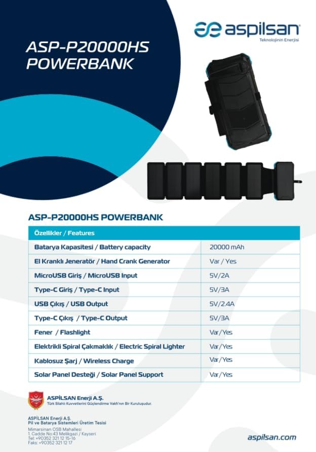 ASP-P20000HS 20000mAh Solar Powerbank, El Kranklı Şar, Type-C, MicroUSB, Kablosuz Şarj, LED Fener, Elektrikli Çakmak, Solar Paneli