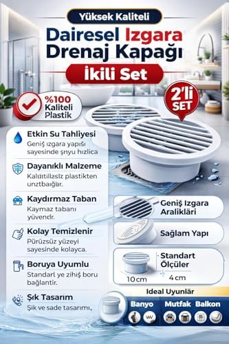2 Li Yuvarlak Gider Süzgeci ve Koku Önleyici Kapak, Banyo, Mutfak, Duş ve Zemin Giderlerinde Kullanıma Uygun, 10 cm Çap, Dayanıklı Plastik, Saç ve Atık Tutucu Izgaralı Tasarım, Kolay Temizlik