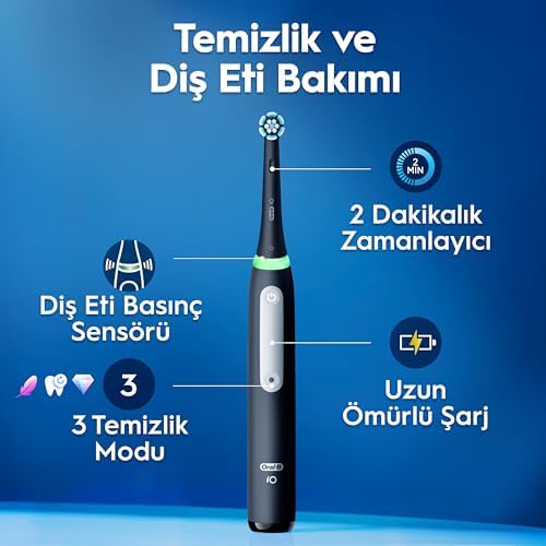 Oral-B iO3 Siyah Şarjlı/Elektrikli Diş Fırçası, 1 Fırça Başlığı, Uzun Ömürlü Pil, Seyahat Kabı