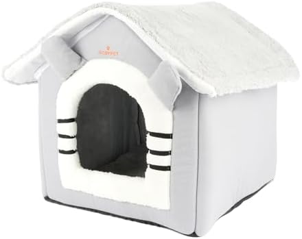 GOBYPET Klasik Çatılı Kedi Evi ve Küçük Irk Köpek Kulübesi ve Yuvası – Minderli Peluş İç Mekan Yatağı, Fermuarlı Üst Bölüm, Taşınabilir Ev Tipi Yuva