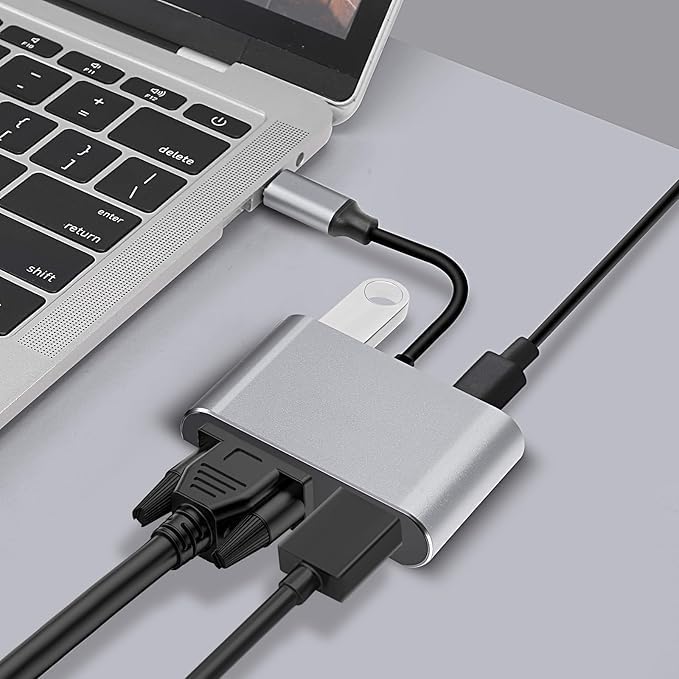 4K USB-C to HDMI VGA Adapter, Çok Portlu Dönüştürücü, Gri, USB Bellek Portu ile, Dizüstü Bilgisayar için