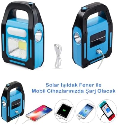 Solar Işıldak Fener - Güneş Enerjili ve USB Şarjlı HeroLed Kamp Lambası, 300 Lümen 6500K Beyaz Işık, 3 Fonksiyonlu Taşınabilir El Feneri, IP44 Suya Dayanıklı, Mavi Hazar