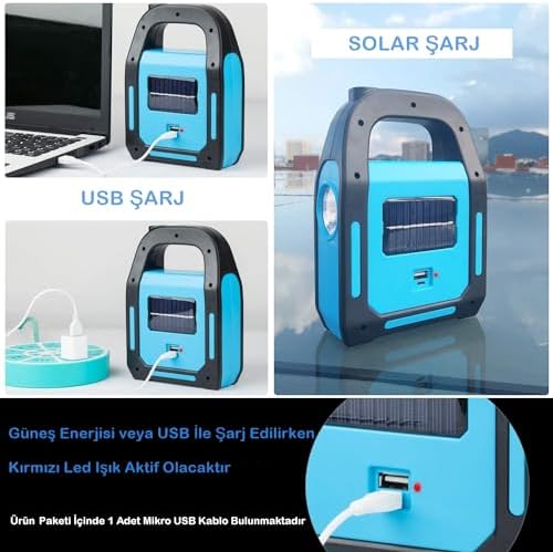 Alternative view of Solar Işıldak Fener - Güneş Enerjili ve USB Şarjlı HeroLed Kamp Lambası, 300 Lümen 6500K Beyaz Işık, 3 Fonksiyonlu Taşınabilir El Feneri, IP44 Suya Dayanıklı, Mavi Hazar