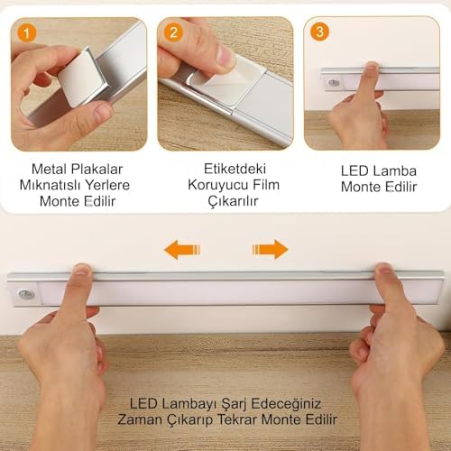 Sensörlü Alüminyum USB Şarjlı LED Gece Lambası, 3 Renk Kısılabilir, Mutfak Dolap Tezgah için (60 cm)