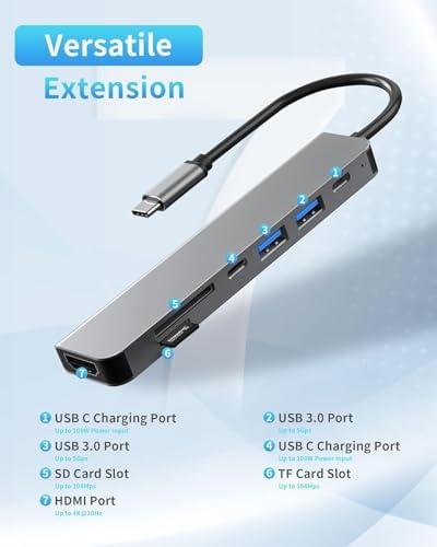 Alternative view of 7-in-1 USB C Çoklayıcı, HDMI, SD/TF Kart, USB 3.0/2.0 Bağlantı Noktaları, 100W PD Şarj, Gümüş (TCB-ZR36)