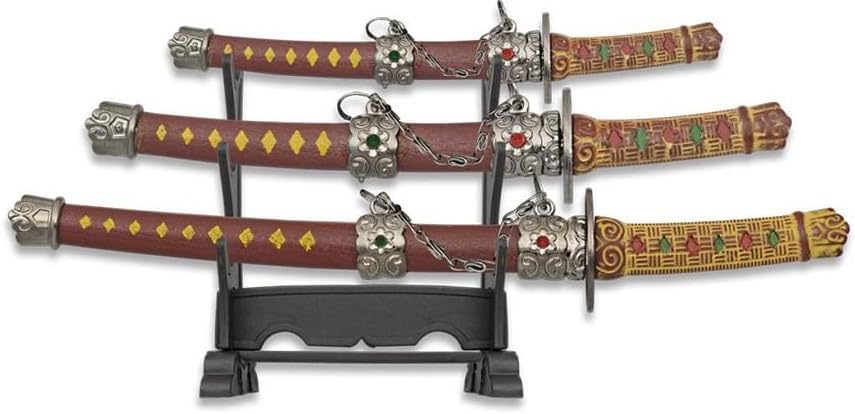 Temalı 3’lü Mini Katana Samurai Zarf Açacağı ve Masaüstü Dekor Seti – Kaideli Mini Süs Kılıçları, Metal Görünümlü Koleksiyonluk Ofis Aksesuarı, & Oyun Temalı Hediyelik Obje