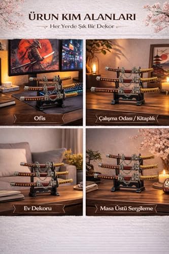 Alternative view of Temalı 3’lü Mini Katana Samurai Zarf Açacağı ve Masaüstü Dekor Seti – Kaideli Mini Süs Kılıçları, Metal Görünümlü Koleksiyonluk Ofis Aksesuarı, & Oyun Temalı Hediyelik Obje