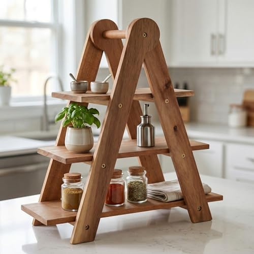 Doğal Akasya Ahşap 3 Katlı Sunum Standı - 37x12.3x37.5 cm Çok Amaçlı Katlı Servis Tepsisi, Kurabiyelik ve Peynir Sunumluğu