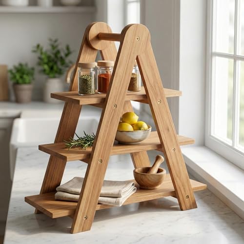 Alternative view of Doğal Akasya Ahşap 3 Katlı Sunum Standı - 37x12.3x37.5 cm Çok Amaçlı Katlı Servis Tepsisi, Kurabiyelik ve Peynir Sunumluğu