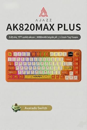 AJAZZ AK820 MAX PLUS 75% Mekanik Klavye 8000mAh Batarya 0.85” TFT Ekran RGB Hot Swap 3 Modlu 2.4G Bluetooth Type-C Kablosuz Gaming Klavye Conta Yapısı Ses Yalıtımlı | Turuncu