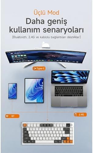 Üçlü Mod Membran Gaming Klavye,%75 Düzen, 4000mAh Batarya, RGB 14 Efekt, TFT Ekran, Type-C, Bluetooth 2.4G, Su Geçirmez, Win/Mac Uyumlu, Multimedya Düğmeli | AJAZZ AF82 (Sarı Siyah - AF82)