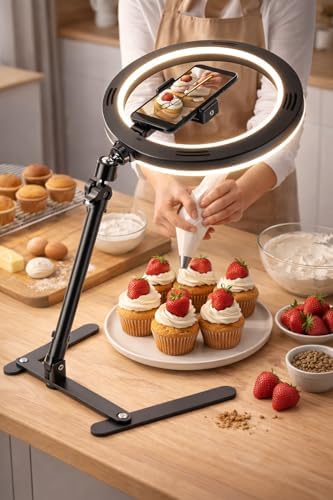 10" Masaüstü Ring Light Çekim Standı – 30-47,5 cm Ayarlanabilir Yükseklik, Telefon Tutuculu Ürün Video & Fotoğraf Çekim Selfie Işığı, CZ-035, Siyah