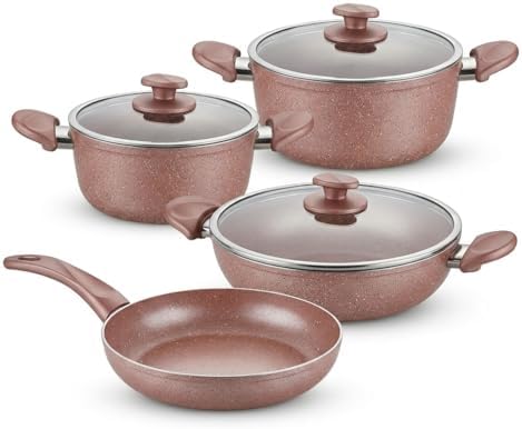Alternative view of Argos 7 Parça Tencere ve Tava Seti - Pembe Kırçıl Renkli Yanmaz Yapışmaz Çeyiz Paketi Cam Kapaklı (20/24/26 cm Tencere + 26 cm Tava)