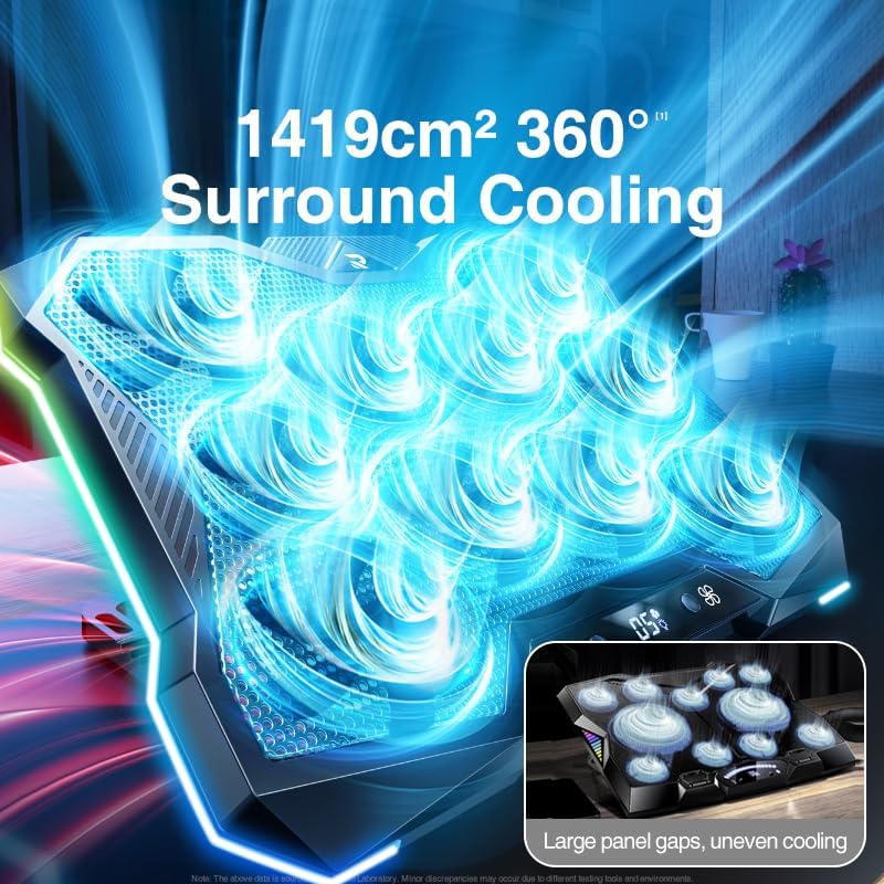 Şok Soğutma Profesyonel 360° Surround Soğutmalı Çok Fanlı Laptop Soğutucu Stand, 10 Yüksek Hızlı Fan, Sessiz Çalışma, Metal Mesh Yüzey, Geniş Uyumlu Soğutma Pedi, Dijital Ekranlı | LZ-D11