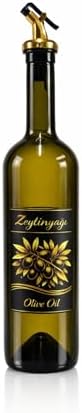 Zeytinyağı ve Ayçiçek Yağı Şişesi Seti, Altın Etiket ve Yağdanlık Aparatlı, Korumalı Ahşap Standlı 750 ml, 2 Adet, Yeşil Cam Şişe (Korumalı Standlı, Altın)