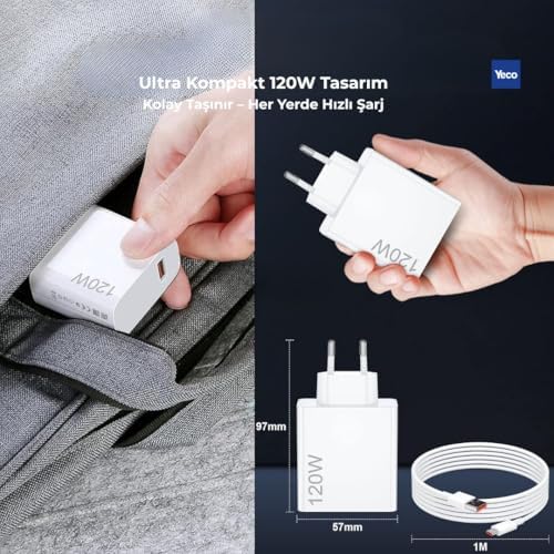 Alternative view of Yeco 120W Type-C Ultra Hızlı Şarj Adaptörü ve Kablo Seti, Hızlı Şarj Destekli, Beyaz