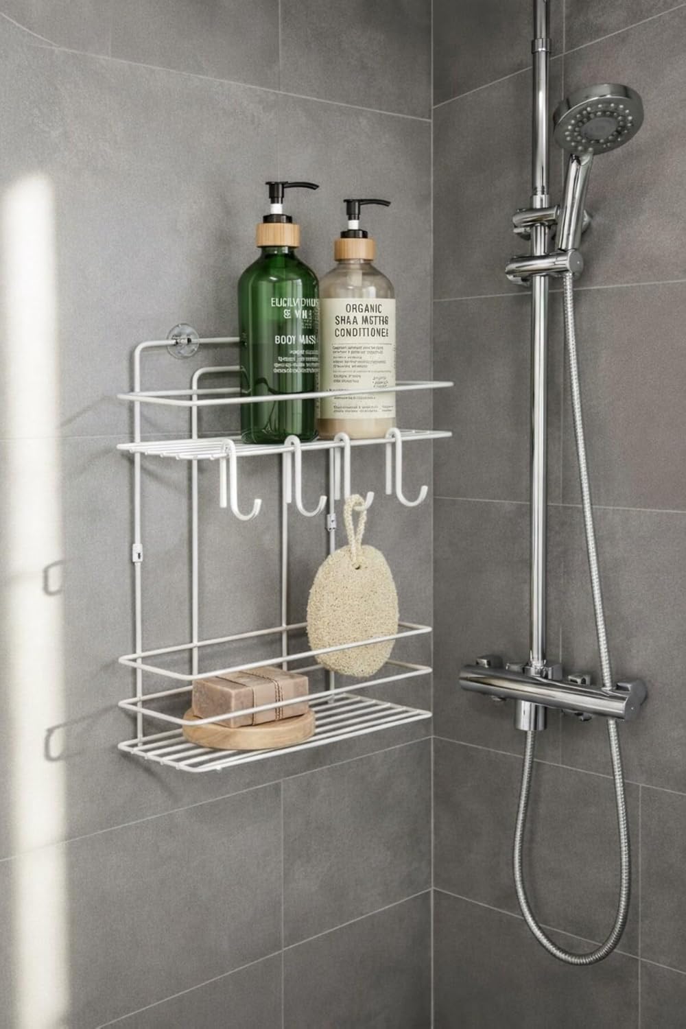 Lüks Beyaz Metal 2 Katlı Banyo Rafı Şampuanlık Ve Duş Rafı Askılı Yapışkanlı Duvara Monte TŞ-02