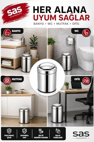 8 Litre Döner Kapaklı Paslanmaz Çelik Banyo & WC Çöp Kovası 7508, Gri