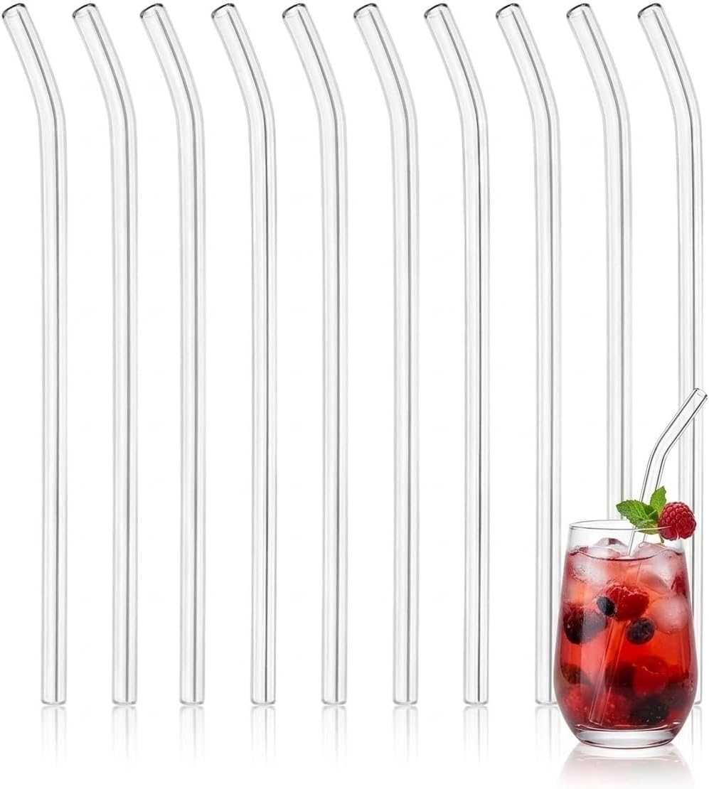 10'lu Eğimli Cam Pipet Seti - Yeniden Kullanılabilir Çevre Dostu ve Sağlıklı İçecek Pipeti