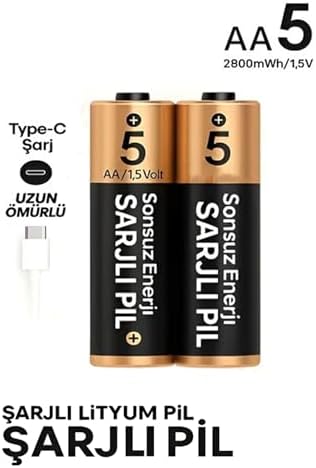 Şarjlı Kalın Kalem Pil AA Şarj Edilebilir Pil 1.5V 2800mWh Lityum-İon Kalın Pil AA 5 Type-C Şarjlı (AA, Her Paket, 2)