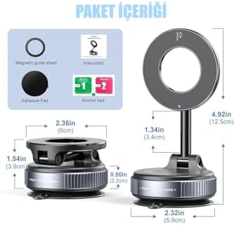 Araç İçi Telefon Tutucu MagSafe Vakumlu 360° Dönebilir, Mükemmel Tutunma, Ultra Güçlü Vantuz Çift Mıknatıs, MagSafe Uyumlu, Araç,Ev, Ofis, Spor Salonu