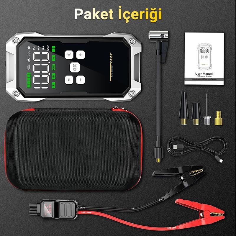 F04 Akü Takviye Cihazı + Lastik Şişirme Kompresörlü Taşınabilir Jump Starter