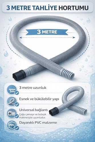 3 Metre Çamaşır Makinesi Tahliye Hortumu, Uyumlu Esnek PVC Gider Hortumu, Bulaşık Makinesi Uyumlu Dayanıklı Su Tahliye Borusu