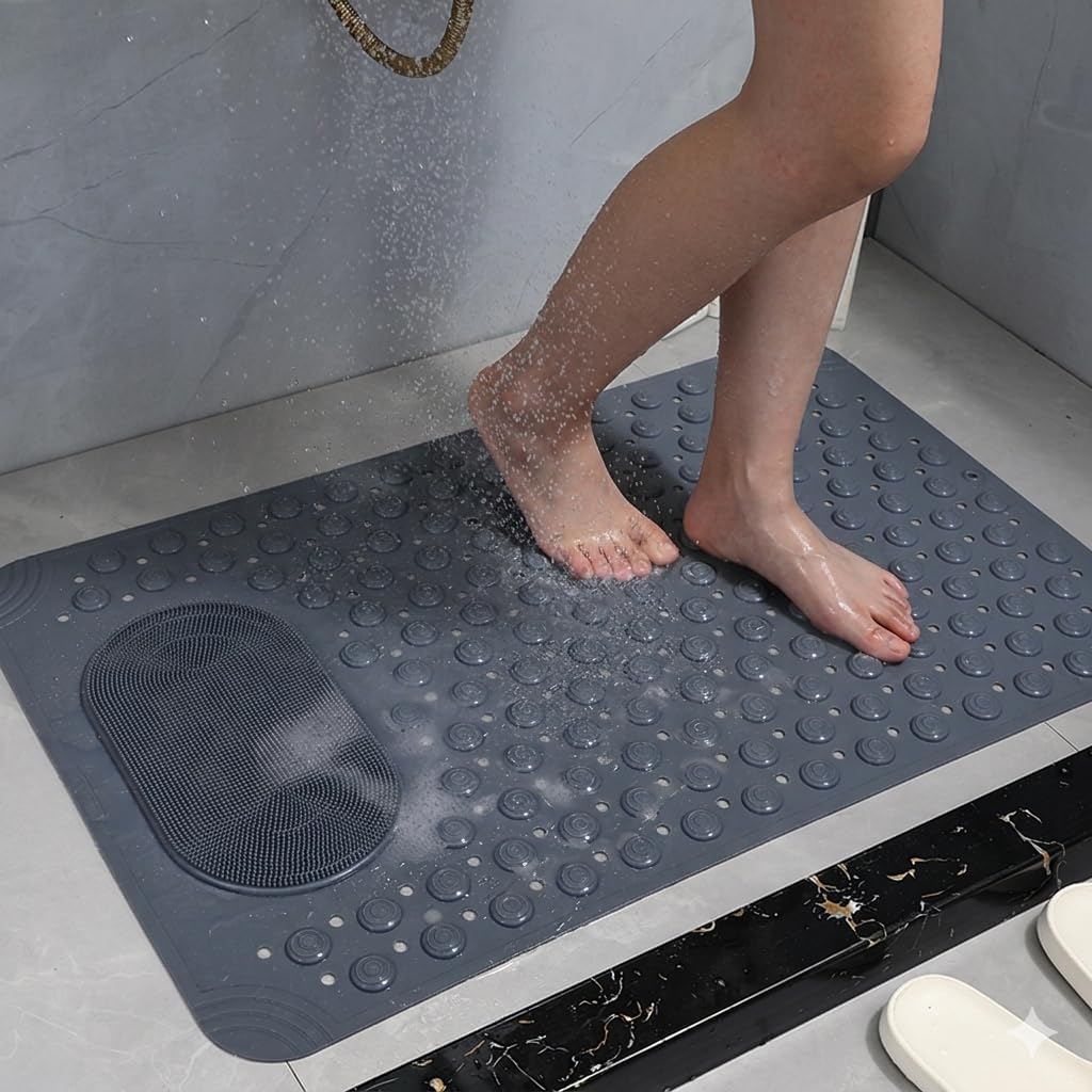 Gri Kaymaz Banyo Paspası - 35x69 cm Vantuzlu Duş Matı, Ayak Masajlı ve Temizleme Dokulu, Antibakteriyel ve Tahliye Delikli Küvet İçi Paspas