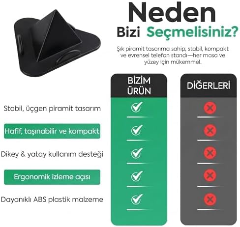 Siyah Masaüstü Telefon Tutucu Stand – Tablet Uyumlu, 3 Açılı Piramit Tasarım, 4–11 İnç