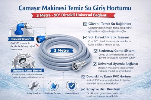 Alternative view of Çamaşır Makinesi Temiz Su Giriş Hortumu 1.5 m 90° Dirsekli Bağlantı, Dayanıklı PVC Gri Makine Su Besleme Hortumu, Sızdırmaz Contalı Kolay Montajlı Temiz Su Hortumu