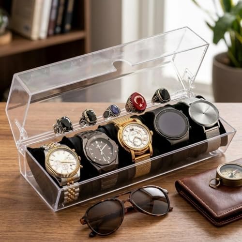 Şeffaf Akrilik Saat ve Yüzük Organizeri, 25x11x10 cm, Kapaklı Saklama Kutusu, Takı Düzenleyici