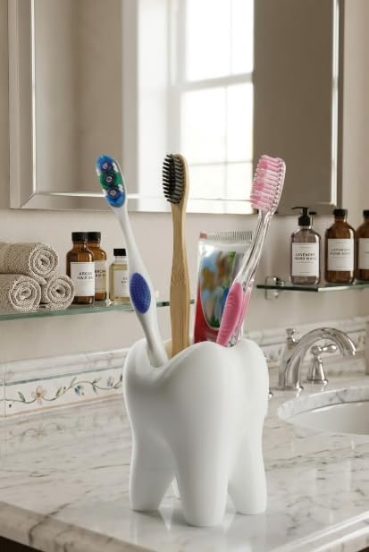 Diş Şeklinde Dekoratif Diş Fırçalık, Beyaz, Plastik, Modern Diş Fırçası ve Diş Macunu Tutucu