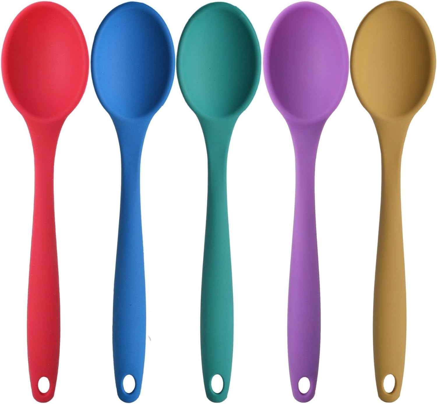 Silikon Büyük Boy Kaşık Seti, Yanmaz Yapışmaz, Çok Renkli - Sarı, Yeşil, Kırmızı, Mavi, Mor - 27 CM, 5 Adet Set, BPA
