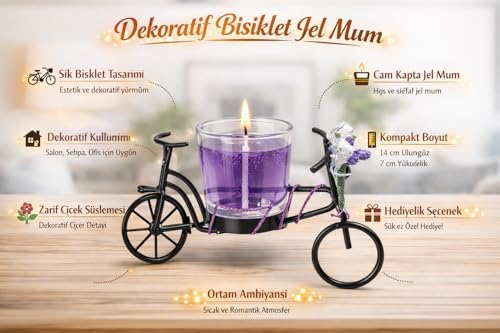Alternative view of Dekoratif Bisiklet Model Jel Mum, Metal Bisiklet Tasarımlı Cam Bardakta Mor Jel Mum, Masa Üstü Dekoratif Mumluk, Ev Salon Ofis Sehpa Dekoru, Romantik Ortam Aydınlatması İçin Şık Tasarım