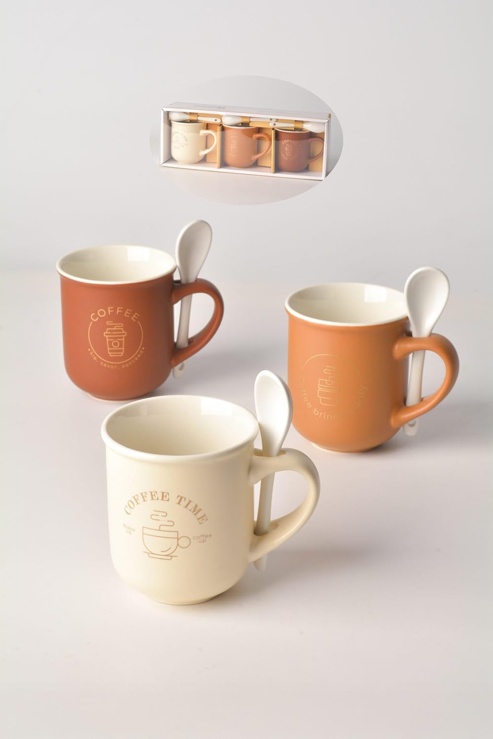 Alternative view of Porselen Kaşıklı Kupa Seti, 200ml, 3'lü Set (3 Kupa + 3 Kaşık), Kahve Temalı Desenli, Krem, Açık Kahve ve Kahverengi Renkler