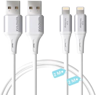 2 Adet x 2 Metre USB A-Lightning Kablo Seti, Wahoo 3.1A Hızlı Şarj, Beyaz/Gümüş Metal