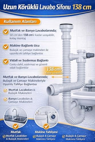 138 cm Uzun Körüklü Lavabo Sifonu, Esnek Gider Borusu, Çamaşır ve Bulaşık Makinesi Tahliye Bağlantılı, Kolay Montajlı Dayanıklı Plastik Lavabo Gider Hortumu