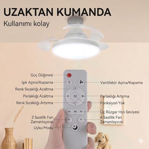 Dolunay Fanlı LED Ampul - 72W 7850 Lümen - 3 Renk Yanma Modlu (Beyaz, Gün Işığı, Natural) - Uzaktan Kumandalı, Dimlenebilir Hayalet Pervaneli Tavan Vantilatörü ve Aydınlatma