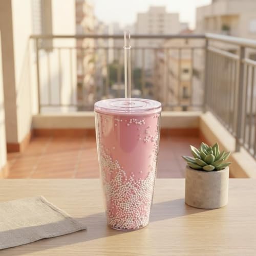 Pipetli Çift Katmanlı Soğuk İçecek Bardağı – Boncuklu Tasarımlı Kapaklı Pipetli Bardak 20 cm, Smoothie ve Soğuk İçecekler için Yeniden Kullanılabilir Bardak