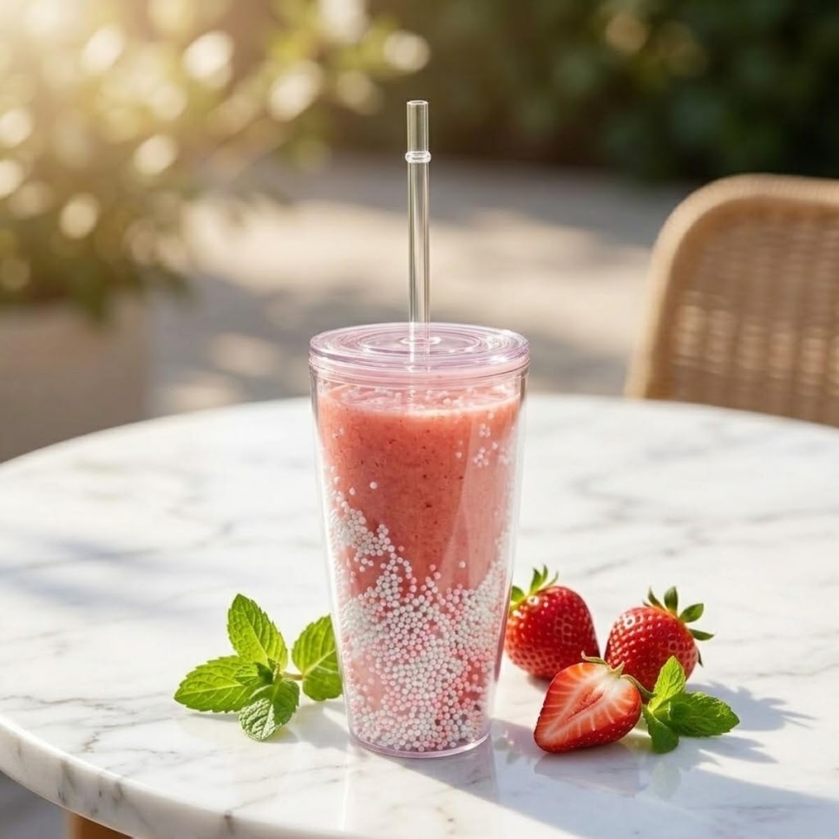 Alternative view of Pipetli Çift Katmanlı Soğuk İçecek Bardağı – Boncuklu Tasarımlı Kapaklı Pipetli Bardak 20 cm, Smoothie ve Soğuk İçecekler için Yeniden Kullanılabilir Bardak