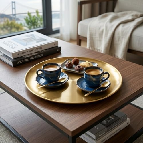 30 cm Yuvarlak Altın Renk Metal Servis Tepsisi, Dekoratif Sunum Tepsisi, Kahve ve İçecek Servisi için Şık Tepsi