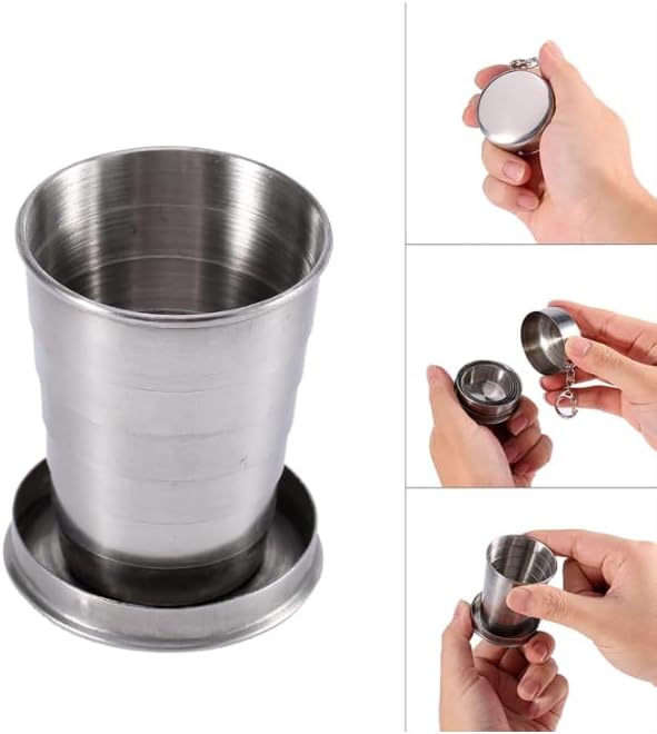 Paslanmaz Çelik Katlanır Bardak, Anahtarlıklı Taşınabilir Cep Bardağı, Kamp Seyahat Piknik ve Kullanım İçin Katlanabilir Metal Bardak, Dayanıklı Portatif İçme Kupası