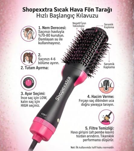 Alternative view of Shopexxtra 3'ü 1 Arada Saç Şekillendirici ve Kurutucu Fön Tarağı - Negatif İyon Teknolojili Seramik Saç Düzleştirici ve Hacim Verici Fırça - Siyah/Pembe