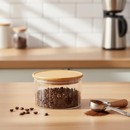Linie Slim Bambu Kapaklı Borosilikat Cam Saklama Kabı - 300 ml Çizgili Vakumlu Baharatlık, Çay ve Kahve Kavanozu