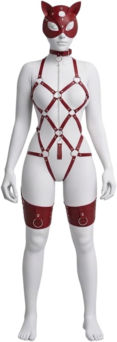 Sınırsızmarket Kırmızı Deri Kedi Maskeli Kadın Harness Seti, Kolye Zinciri ve Uyluk Bantları ile
